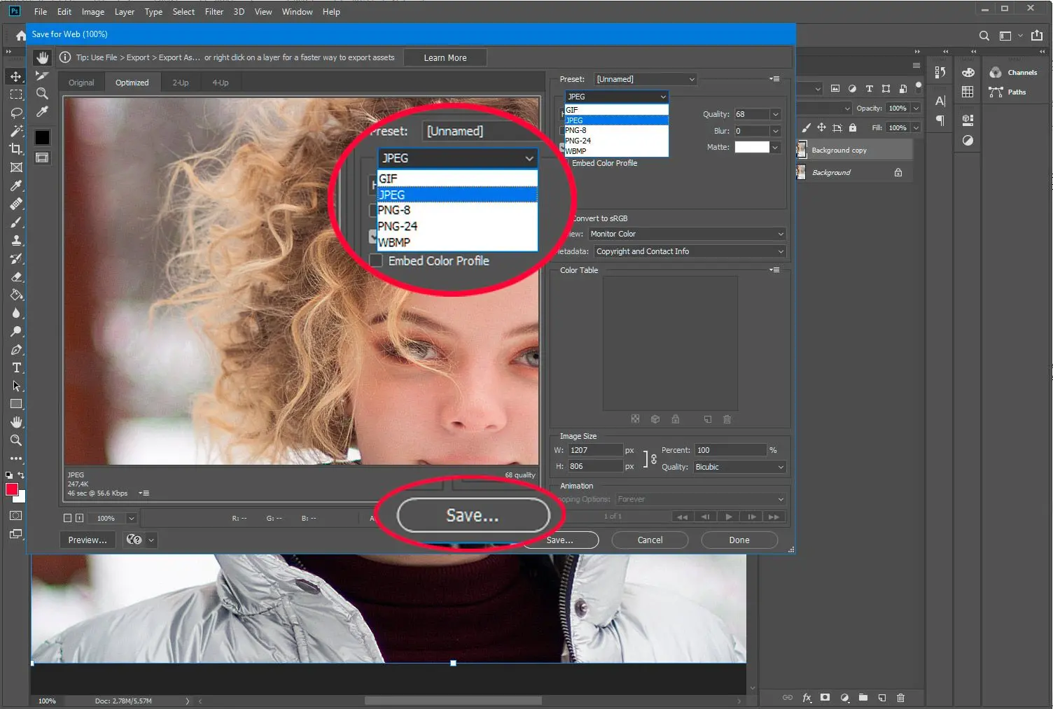 Adobe Photoshop. PSD für Web in jpg speichern..