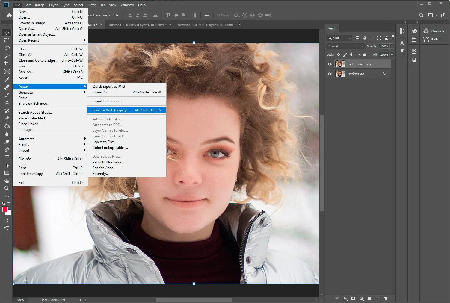 Adobe Photoshop. Wählen Sie für Web speichern..